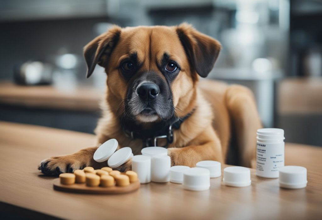 dog looking at worming tablets