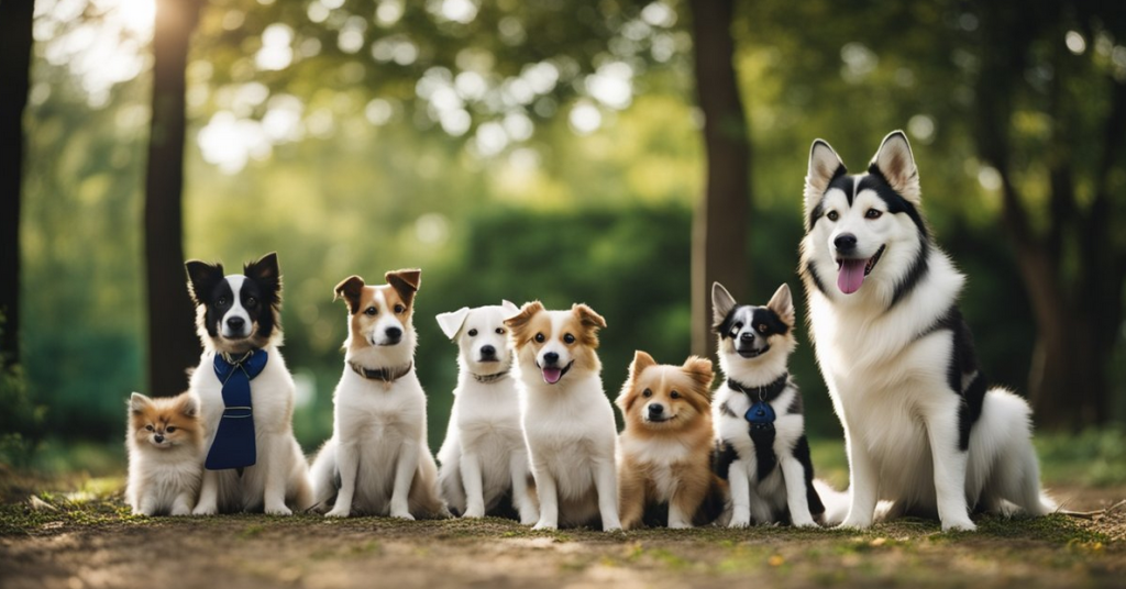 group of medium dogs and small dogs sitting in a park