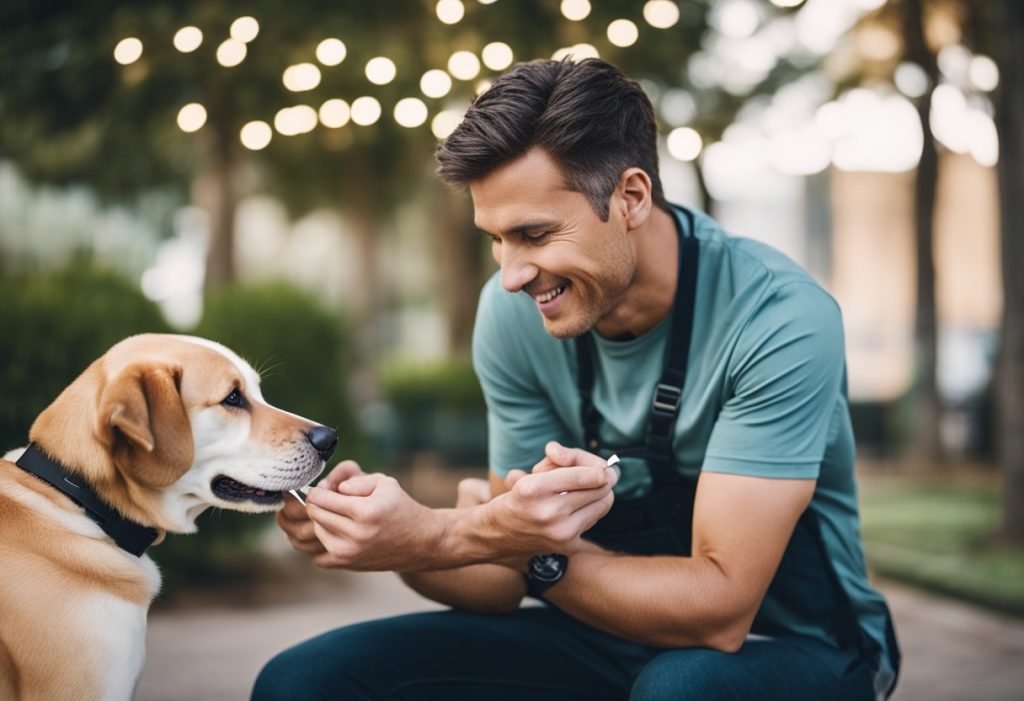 labrador with smiling owner