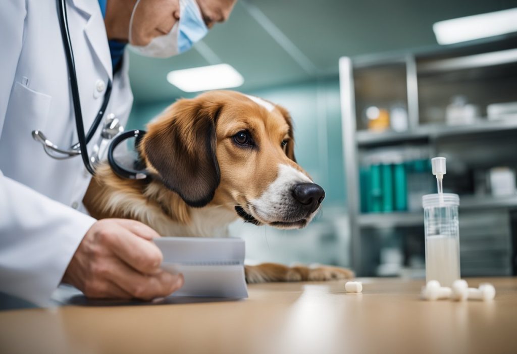 vet examining an adult dog